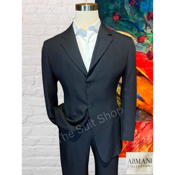 Armani Collezioni Other - Armani Collezioni 42R 32x29 Black Subtle Dashed-Stripe Designer Mens Suit Luxury